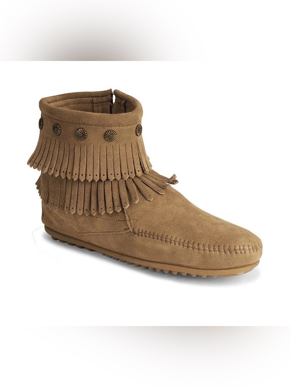 Minnetonka Women's Sz 8.5 Light Brown Suede Double Fringe Ankle Moccasin booties